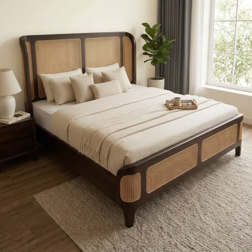 Wooden Bed with Cane Weaving Headboard Design | Bed without Storage