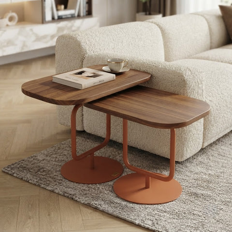 Wooden Nesting Coffee Tables with Sculptural Metal Legs