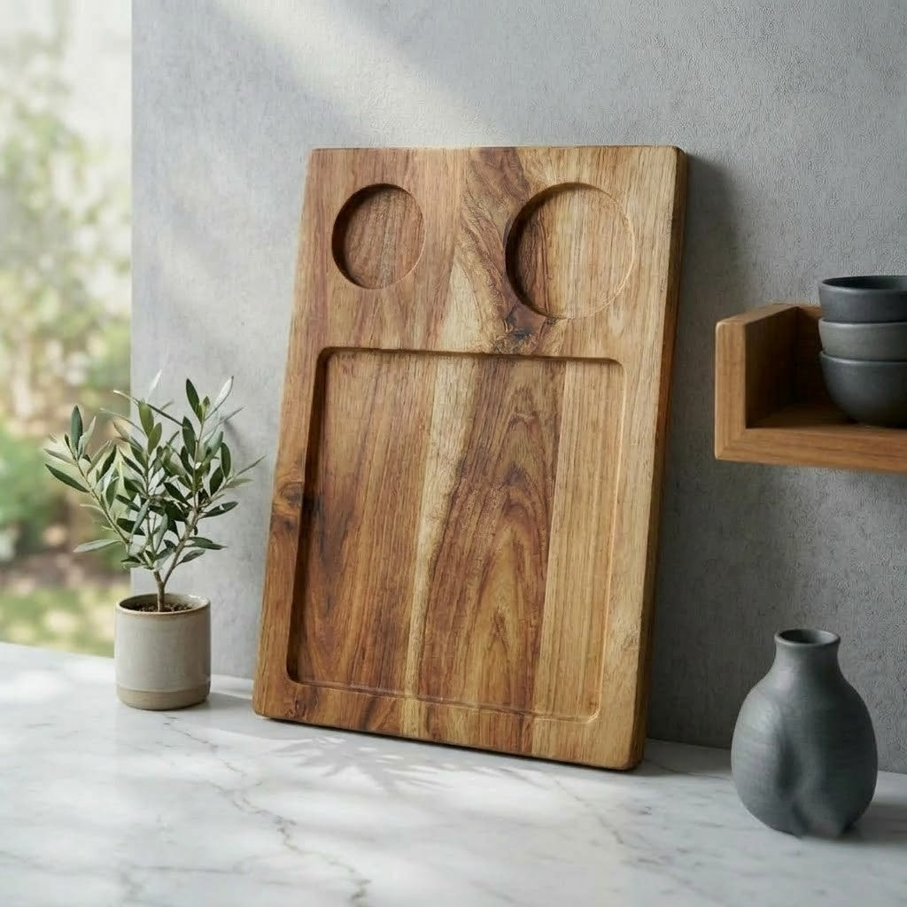 Wooden Serving Board for Snacks, Cheese & Desserts with Dip Slots