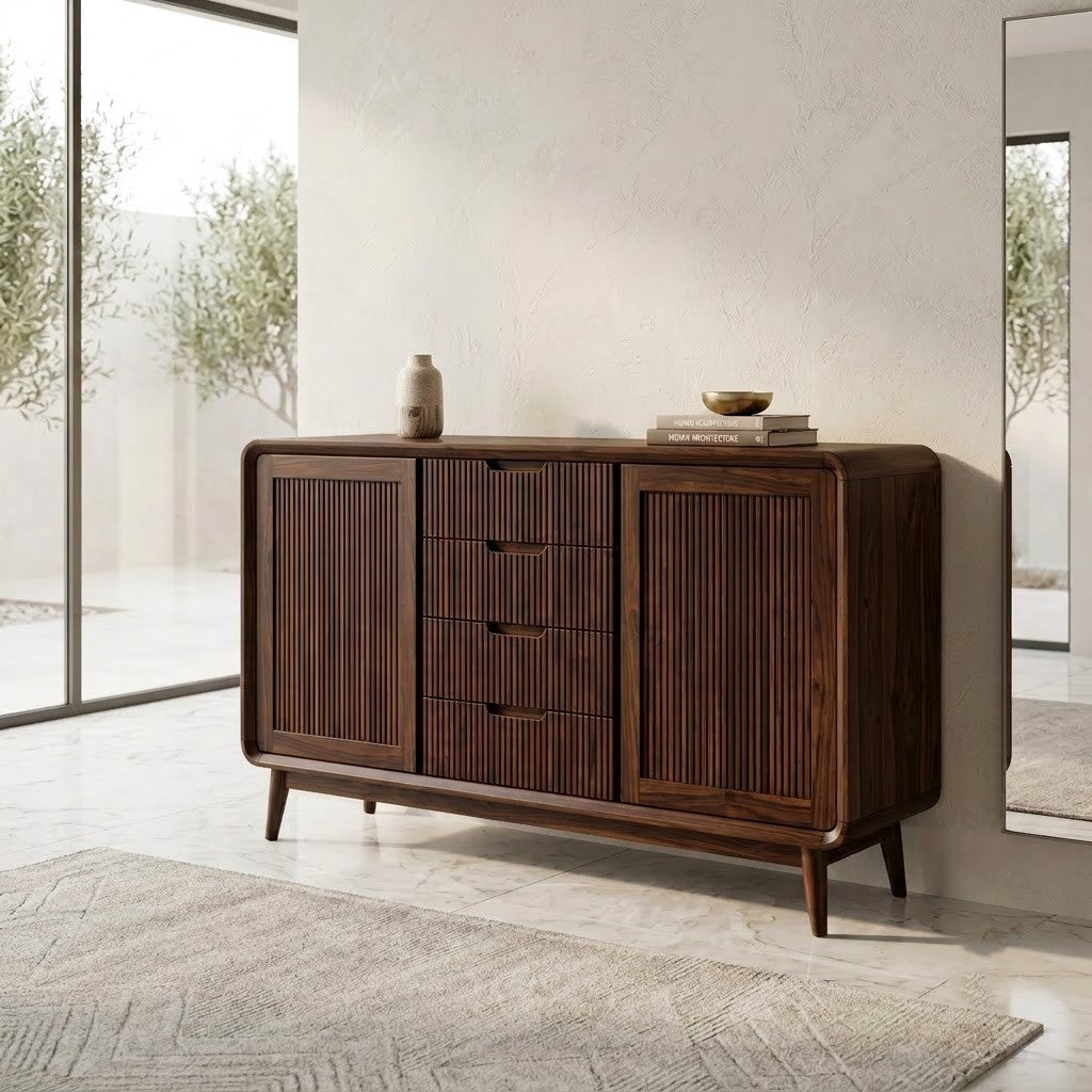 Wooden Sideboard, Fluted Front, Walnut Finish