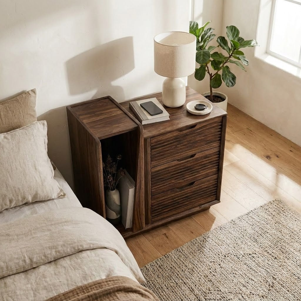 Wooden bedroom nightstand in Dark Walnut Sheesham finish