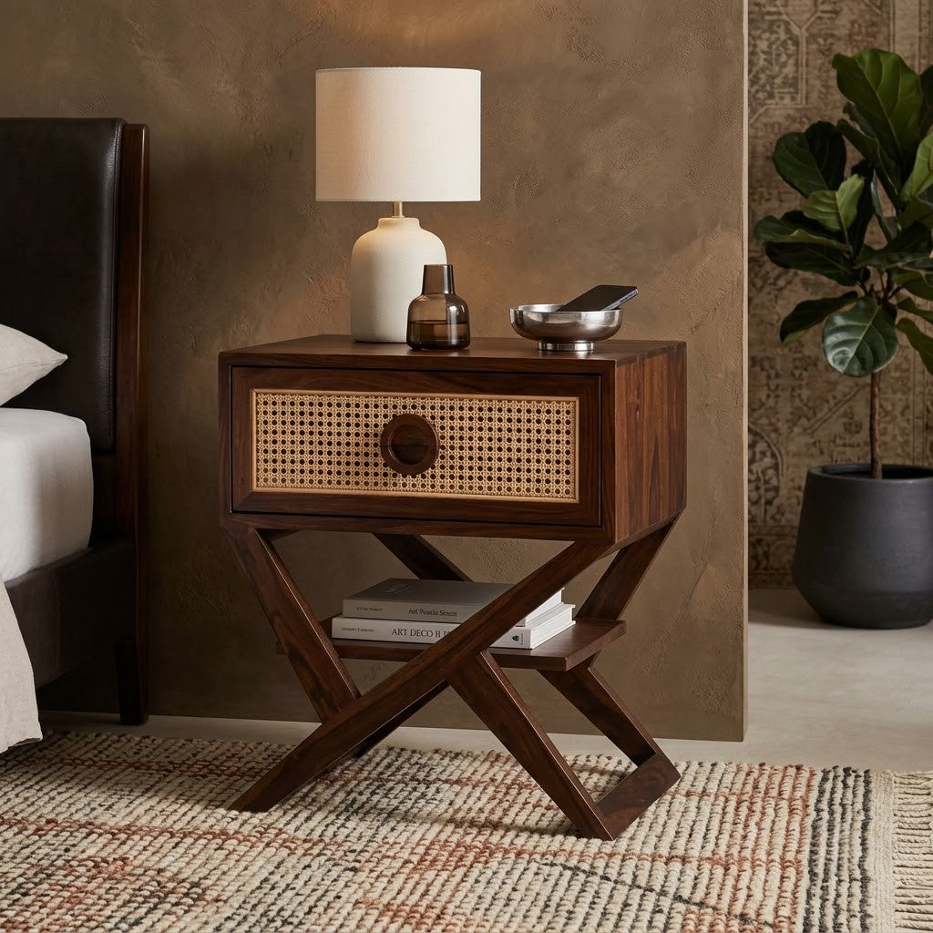 Wooden bedroom side table with drawer and lower shelf storage