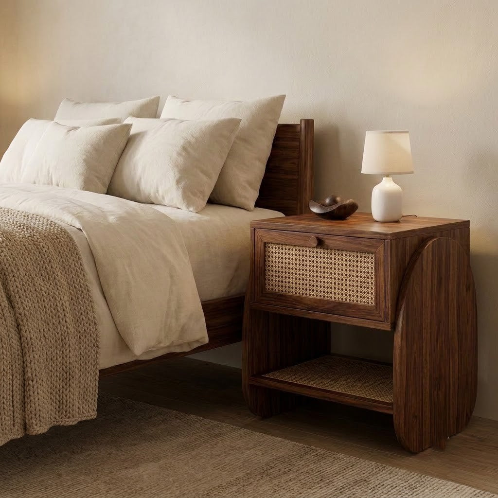Wooden bedside table with cane panel and storage shelf