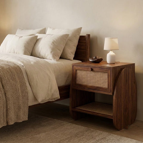 Wooden bedside table with cane panel and storage shelf