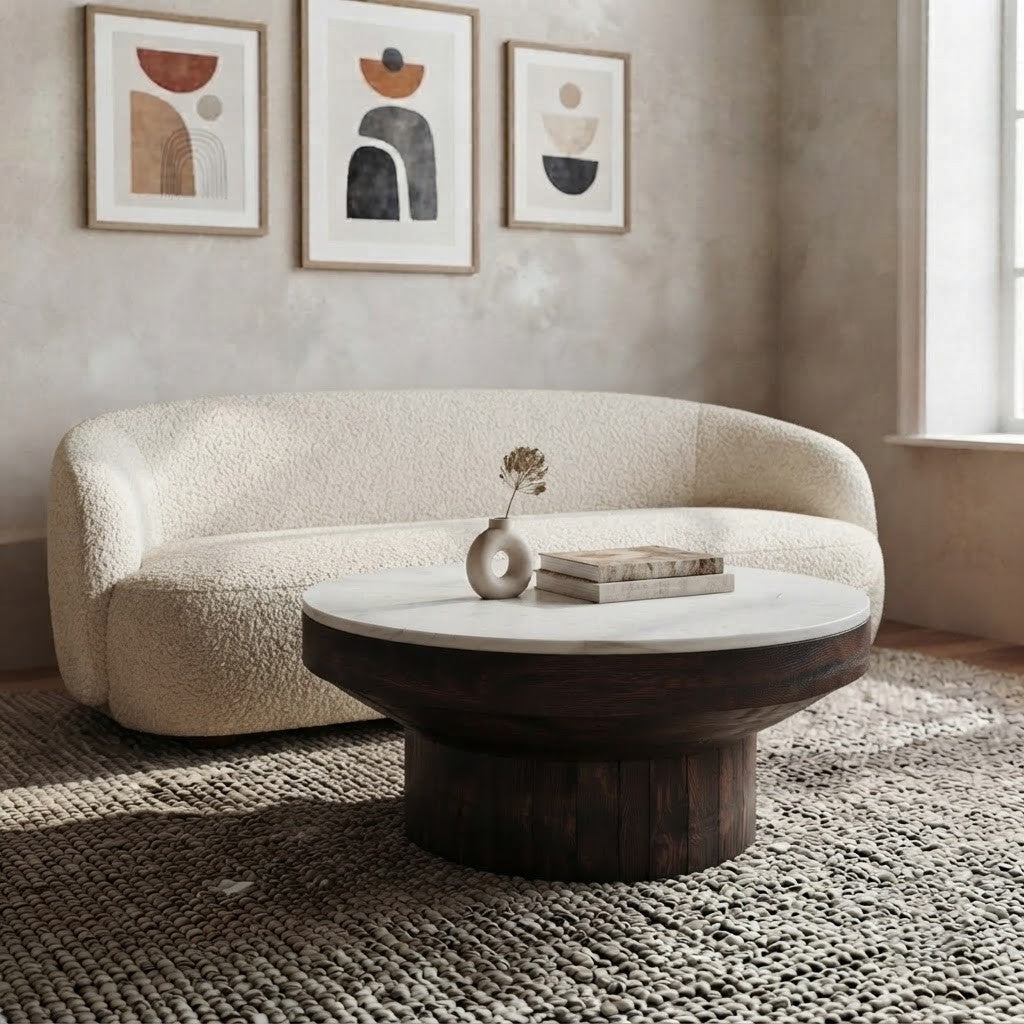 Wooden coffee table with cylindrical base design