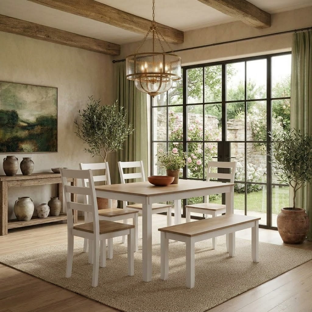 Wooden dining table with four white chairs and matching bench