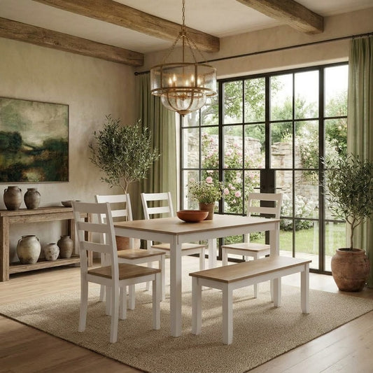 Wooden dining table with four white chairs and matching bench