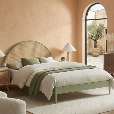 Wooden rattan bed with natural cane detailing for contemporary bedroom