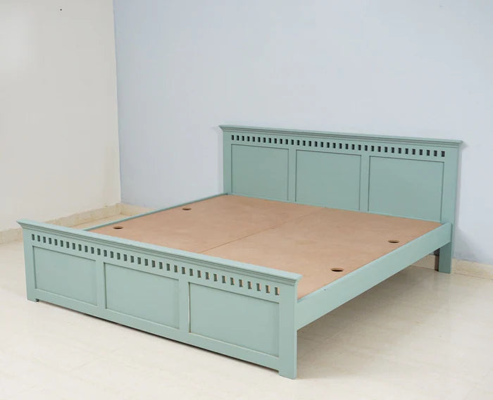 PRITI Solid Wood Queen Size Bed - Silt Green