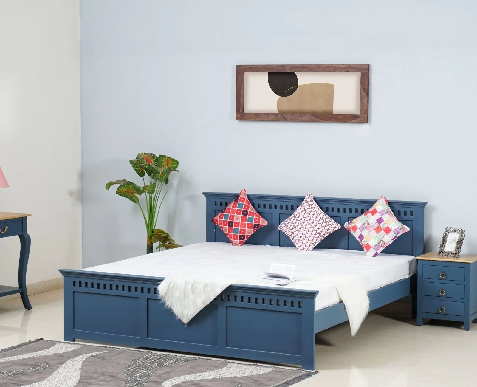 PRITI Solid Wood Queen Size Bed - Blue