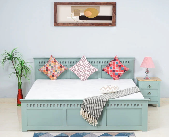 PRITI Solid Wood Queen Size Bed - Silt Green