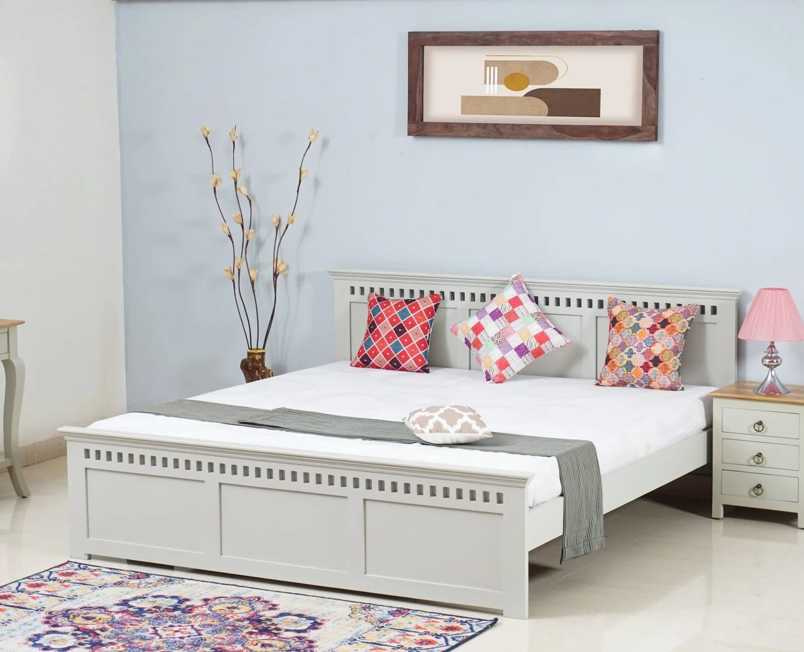 PRITI Solid Wood Queen Size Bed - Milky White