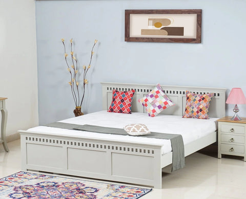 PRITI Solid Wood Queen Size Bed - Milky White