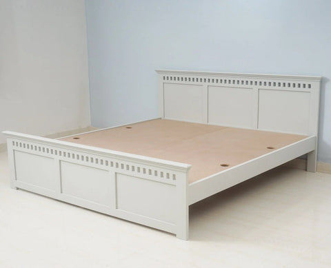 PRITI Solid Wood Queen Size Bed - Milky White