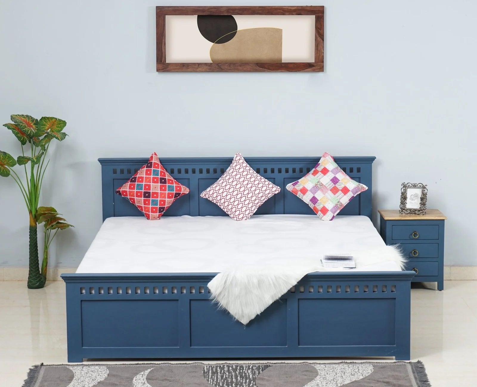 PRITI Solid Wood Queen Size Bed - Blue