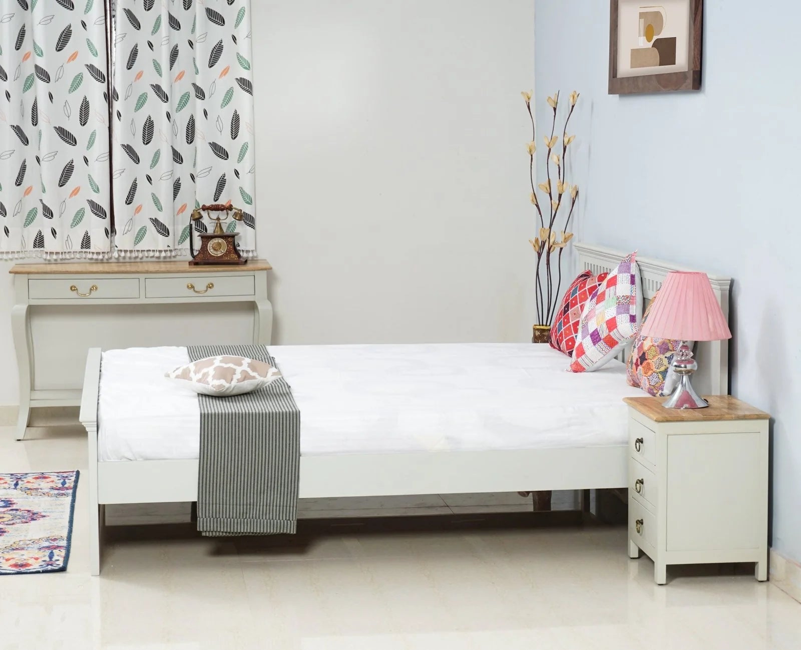 PRITI Solid Wood Queen Size Bed - Milky White