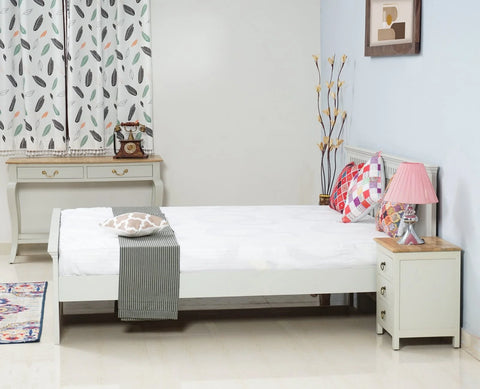 PRITI Solid Wood Queen Size Bed - Milky White
