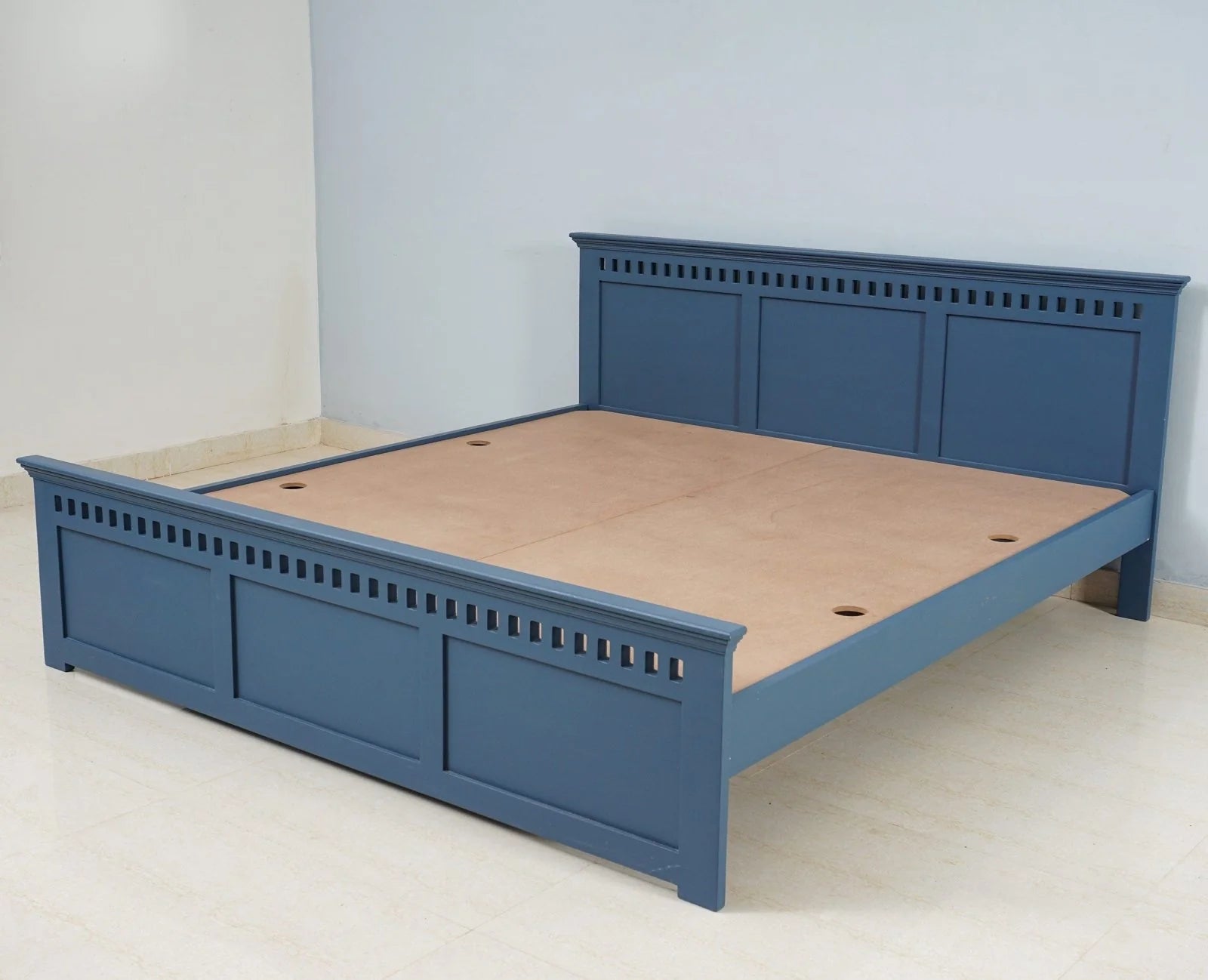 PRITI Solid Wood Queen Size Bed - Blue