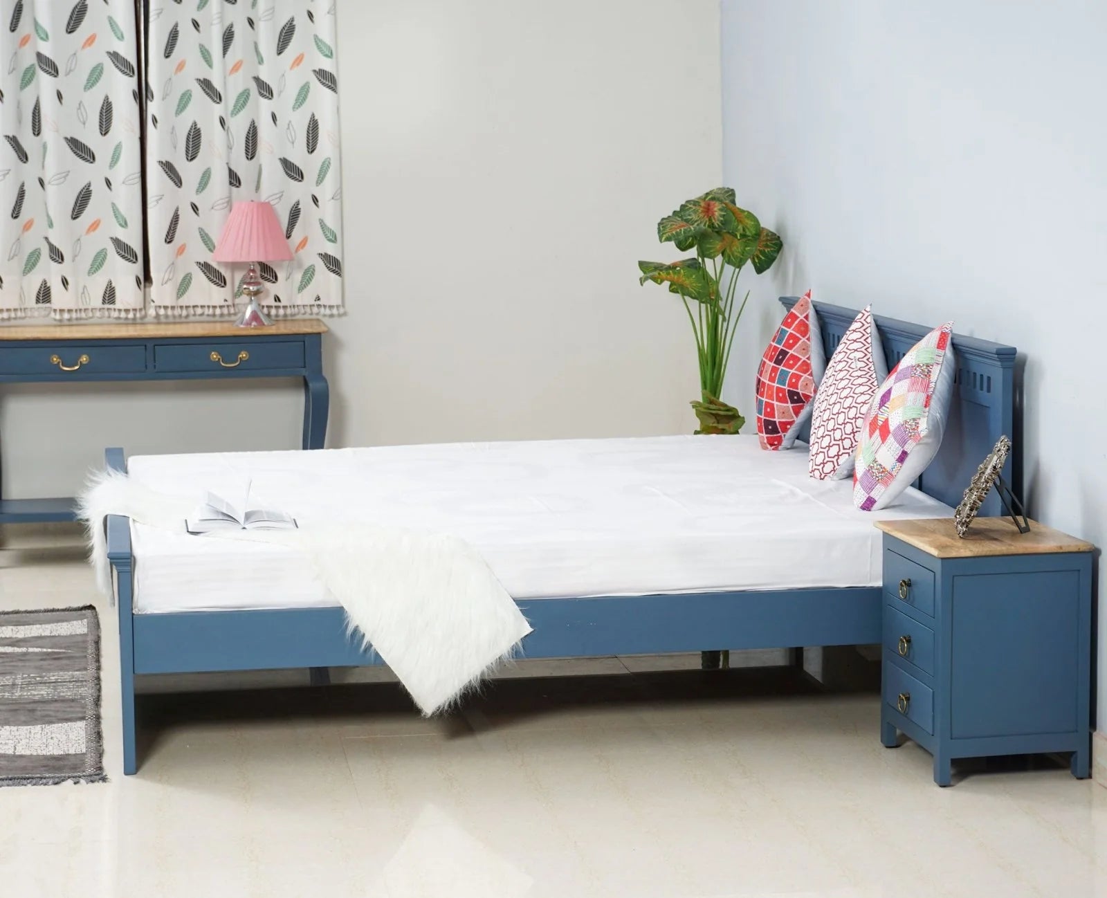 PRITI Solid Wood Queen Size Bed - Blue