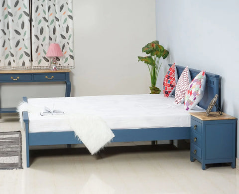 PRITI Solid Wood Queen Size Bed - Blue