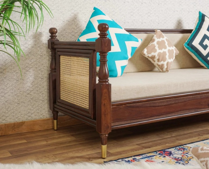 PRITI Wood Rattan Cane Three Seater sofa