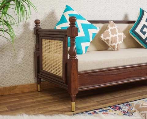 PRITI Wood Rattan Cane Three Seater sofa