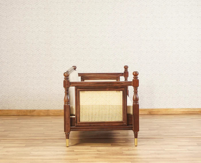 PRITI Wood Rattan Cane three Seater sofa