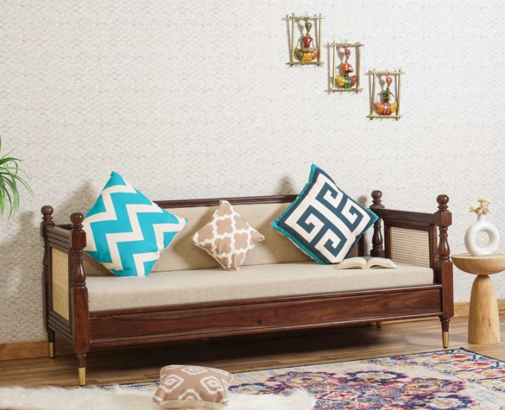 PRITI Wood Rattan Cane Three Seater sofa