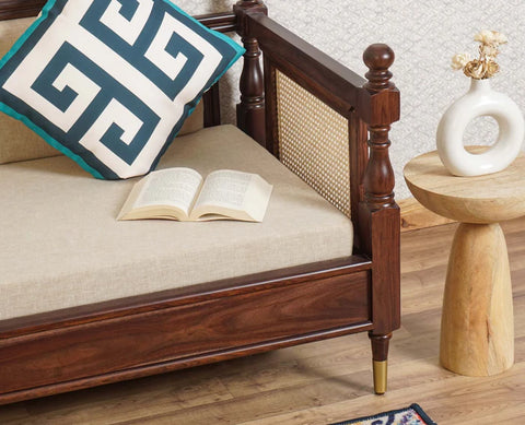 PRITI Wood Rattan Cane three Seater sofa