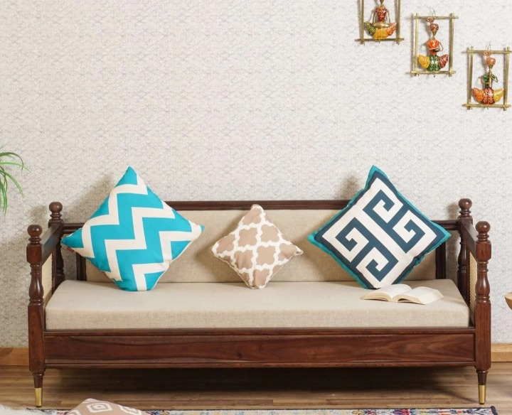 PRITI Wood Rattan Cane Three Seater sofa