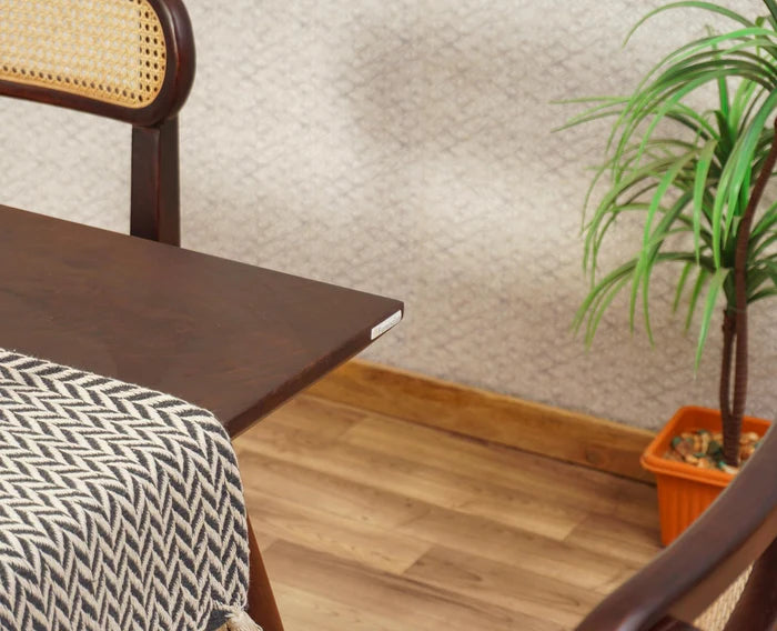 PRITI Solid Wood Rattan Cane Dining Table Four Seater Set