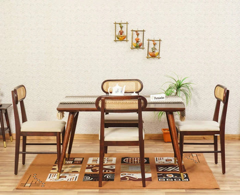 PRITI Solid Wood Rattan Cane Dining Table Four Seater Set