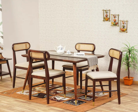 PRITI Solid Wood Rattan Cane Dining Table Four Seater Set