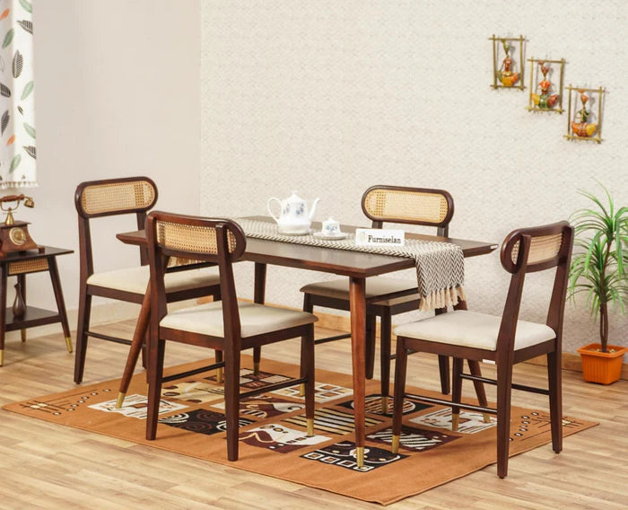 PRITI Solid Wood Rattan Cane Dining Table Four Seater Set