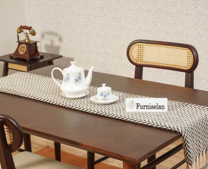 PRITI Solid Wood Rattan Cane Dining Table Four Seater Set
