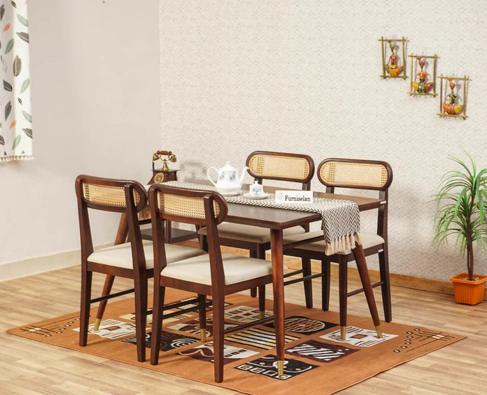PRITI Solid Wood Rattan Cane Dining Table Four Seater Set