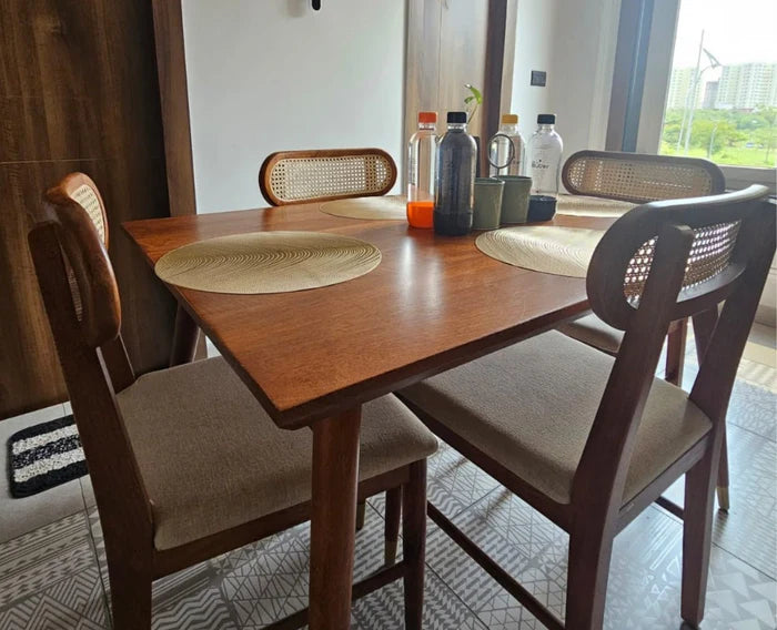 PRITI Solid Wood Rattan Cane Dining Table Four Seater Set