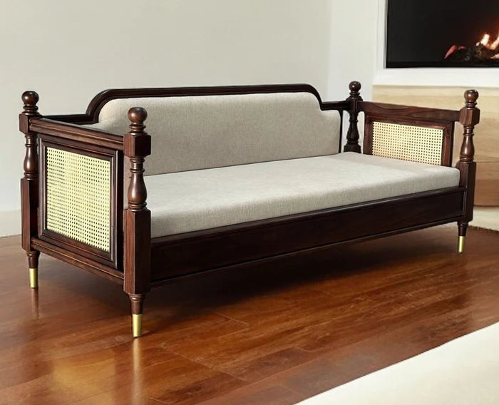 PRITI Wood Rattan Cane three Seater sofa