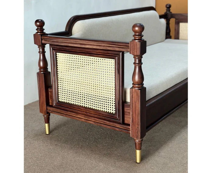 PRITI Wood Rattan Cane three Seater sofa