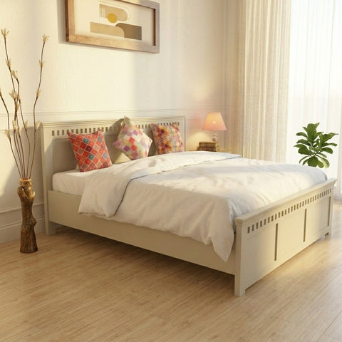 PRITI Solid Wood Queen Size Bed - Milky White