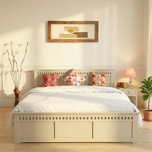 PRITI Solid Wood Queen Size Bed - Milky White