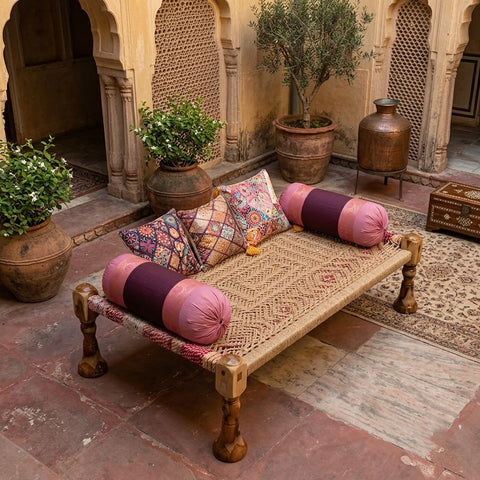 PRITI Handmade Sheesham Wood Charpai with Jute and Chindi Woven Bed