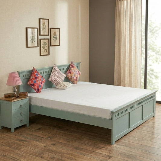 PRITI Solid Wood Queen Size Bed - Silt Green