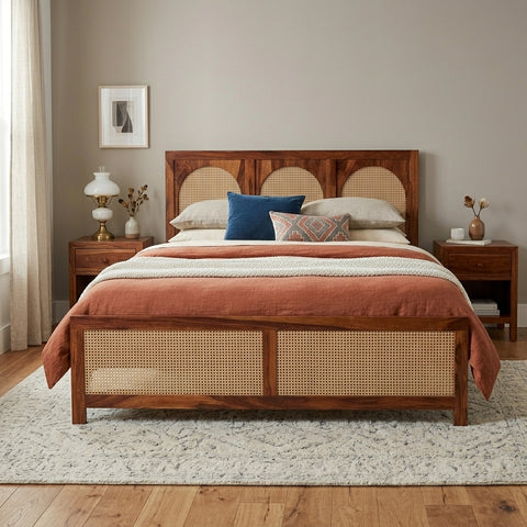 PRITI Wood and Cane Bed: Elegant, Durable & Comfort-Enhancing Design