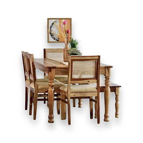 PRITI Round Leg Dining Table With Cane Weave Chairs