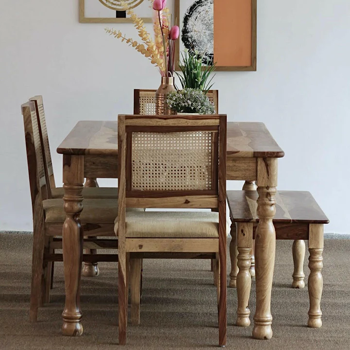 PRITI Round Leg Dining Table With Cane Weave Chairs