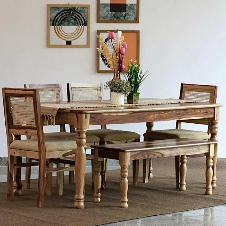 PRITI Round Leg Dining Table With Cane Weave Chairs