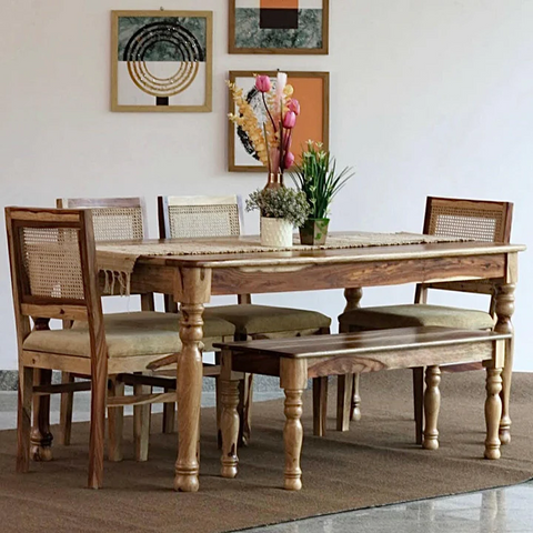 PRITI Round Leg Dining Table With Cane Weave Chairs