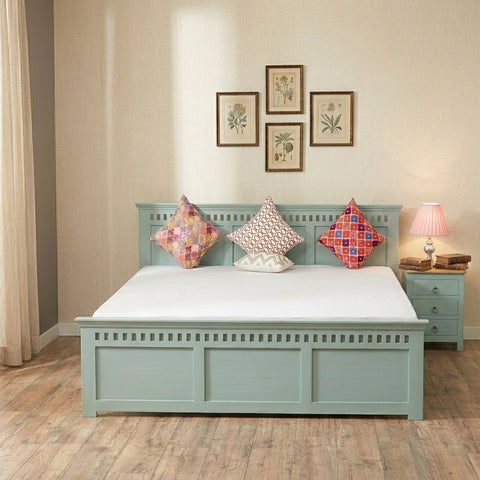 PRITI Solid Wood Queen Size Bed - Silt Green