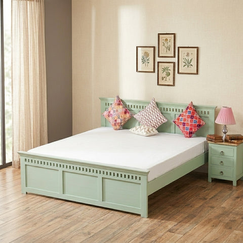 PRITI Solid Wood Queen Size Bed - Silt Green